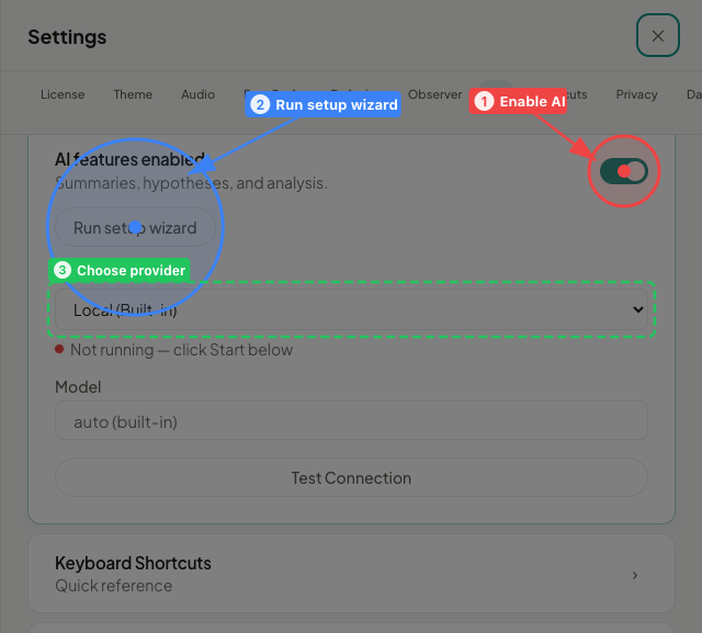 AI Assistant settings showing the enable toggle and Run setup wizard button