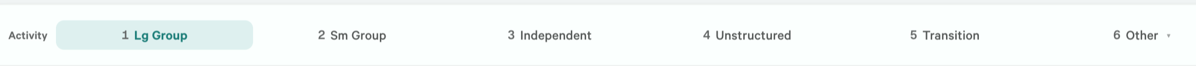 Activity context bar with large group, small group, independent, unstructured, transition and other