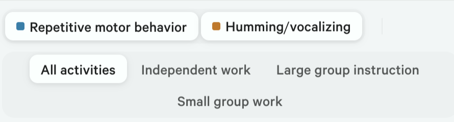 Activity filter pills: all activities, independent work, large group instruction, small group work
