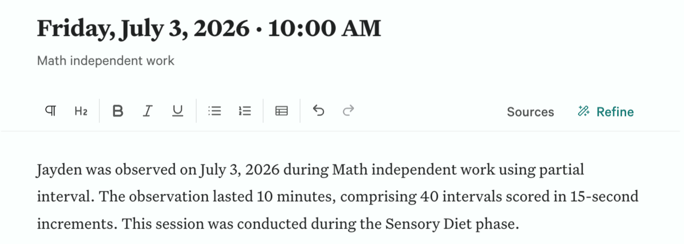 Write-up workspace: draft heading, editor toolbar with Sources and Refine, and the opening paragraph of a session summary